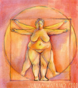 Eine Version des vitruvischen Mannes von Da Vinci (das Männeken mit Viereck und Kreis), bei der kein Mann sondern eine dicke Frau zu sehen ist.